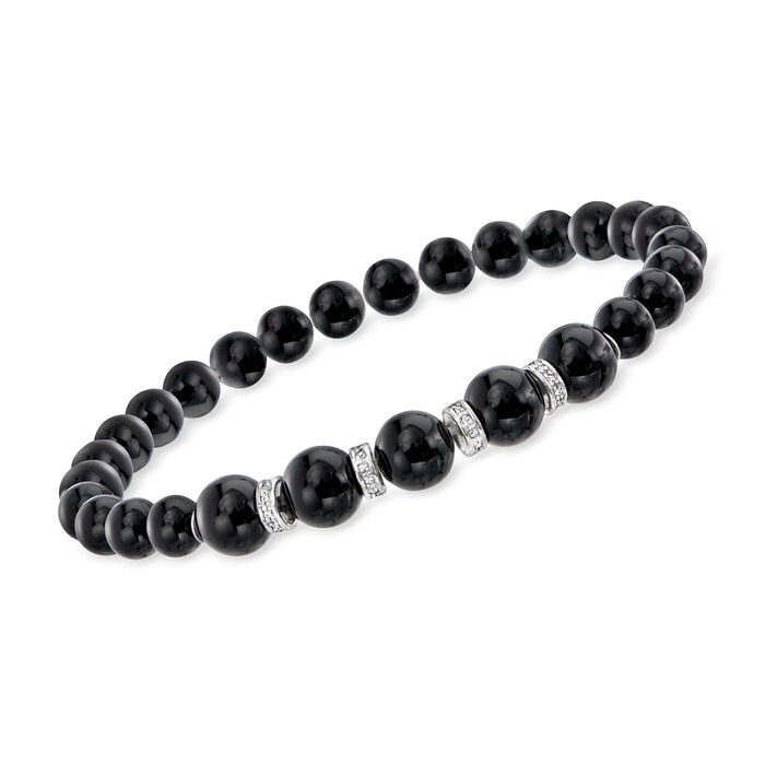 6-8mm Onyx Bead and .24 ct. t.w. Diamond Stretch Bracelet with Sterling Silver