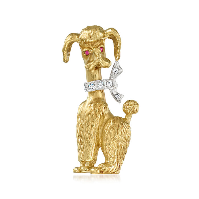 C. 1960 Vintage Hammerman Brothers .15 ct. t.w. Diamond Poodle Pin with Ruby Accents in 18kt Yellow Gold