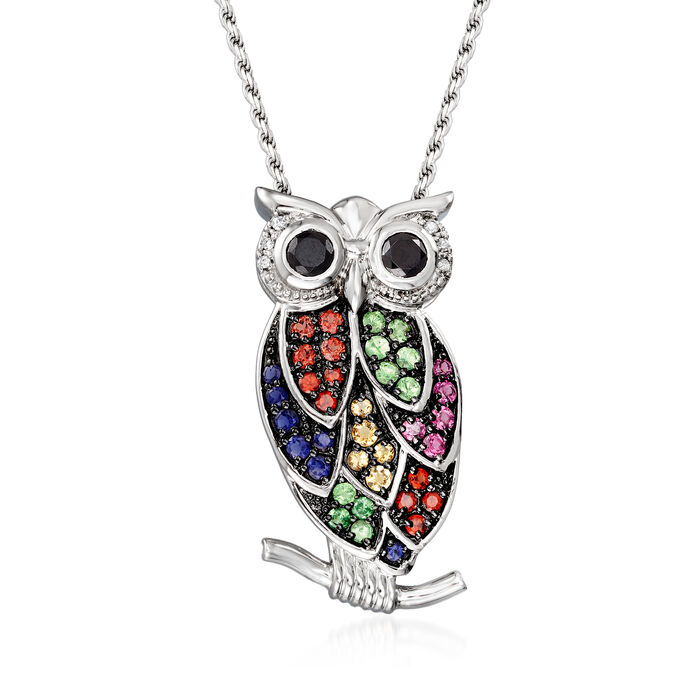 1.90 ct. t.w. Multi-Gemstone Owl Pin/Pendant Necklace with Diamond Accents in Sterling Silver
