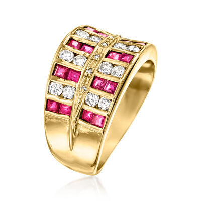 C. 1980 Vintage 1.37 ct. t.w. Ruby and .70 ct. t.w. Diamond Striped Ring in 18kt Yellow Gold