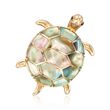 Abalone and Mother-Of-Pearl Turtle Pin with Sapphire Accents in 14kt Yellow Gold