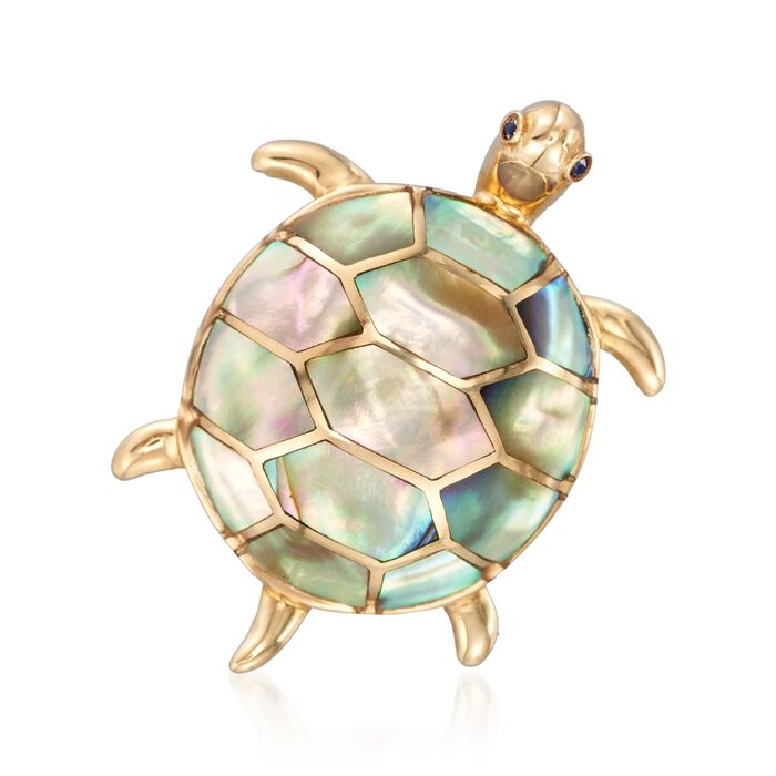 Abalone and Mother-Of-Pearl Turtle Pin with Sapphire Accents in 14kt Yellow Gold