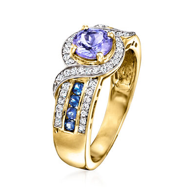 .90 Carat Tanzanite and .26 ct. t.w. Diamond Ring with .20 ct. t.w. Sapphires in 14kt Yellow Gold