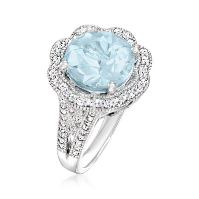 5.50 Carat Sky Blue Topaz and .50 ct. t.w. Diamond Flower Ring in Sterling Silver