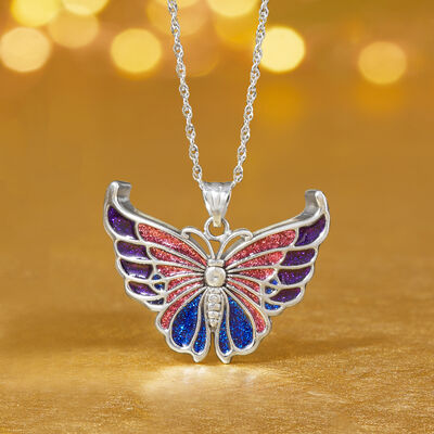 Italian Multicolored Enamel Butterfly Pendant Necklace