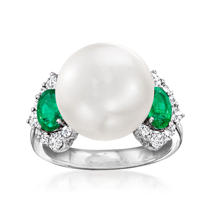 13mm Cultured South Sea Pearl Ring with .90 ct. t.w. Emeralds and .51 ct. t.w. Diamonds in 18kt White Gold