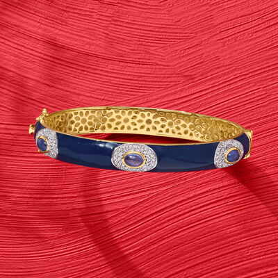 3.70 ct. t.w. Tanzanite and 1.60 ct. t.w. White Zircon Bangle Bracelet with Blue Enamel in 18kt Gold Over Sterling