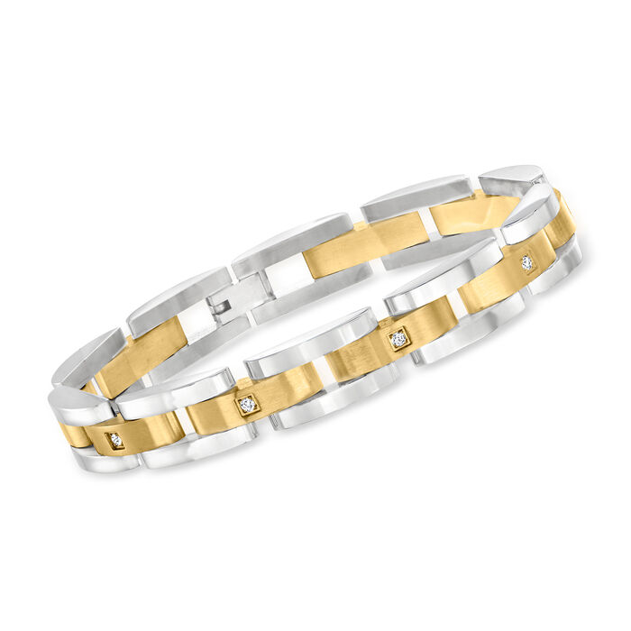 Men's .10 ct. t.w. CZ Link Bracelet in Stainless Steel and 18kt Yellow Gold Plate