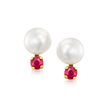 5-5.5mm Cultured Pearl and .10 ct. t.w. Ruby Earrings in 14kt Yellow Gold