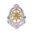 C. 1990 Vintage .85 ct. t.w. Multicolored Diamond and .72 ct. t.w. Pink Sapphire Floral Ring in 18kt Two-Tone Gold
