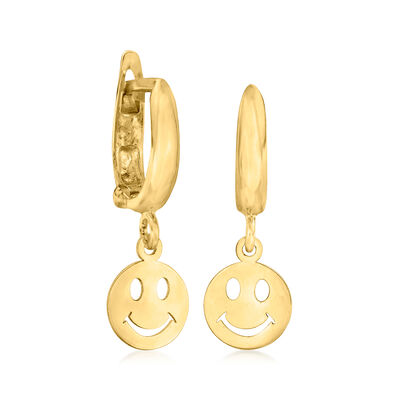 10kt Yellow Gold Smiley Face Huggie Hoop Drop Earrings