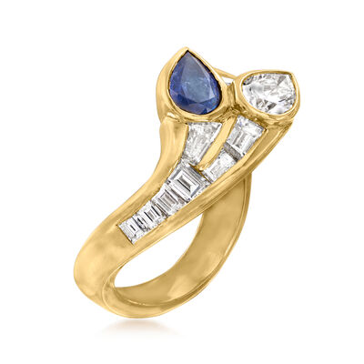 C. 1980 Vintage .60 Carat Sapphire and 1.60 ct. t.w. Diamond Ring in 18kt Yellow Gold