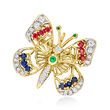 C. 1980 Vintage 1.08 ct. t.w. Multi-Gemstone and .45 ct. t.w. Diamond Butterfly Pin/Pendant in 14kt Yellow Gold