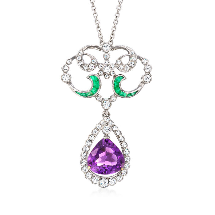 C. 1990 Vintage 2.00 Carat Amethyst, .65 ct. t.w. Diamond and .20 ct. t.w. Emerald Drop Pendant Necklace in 14kt and 18kt White Gold
