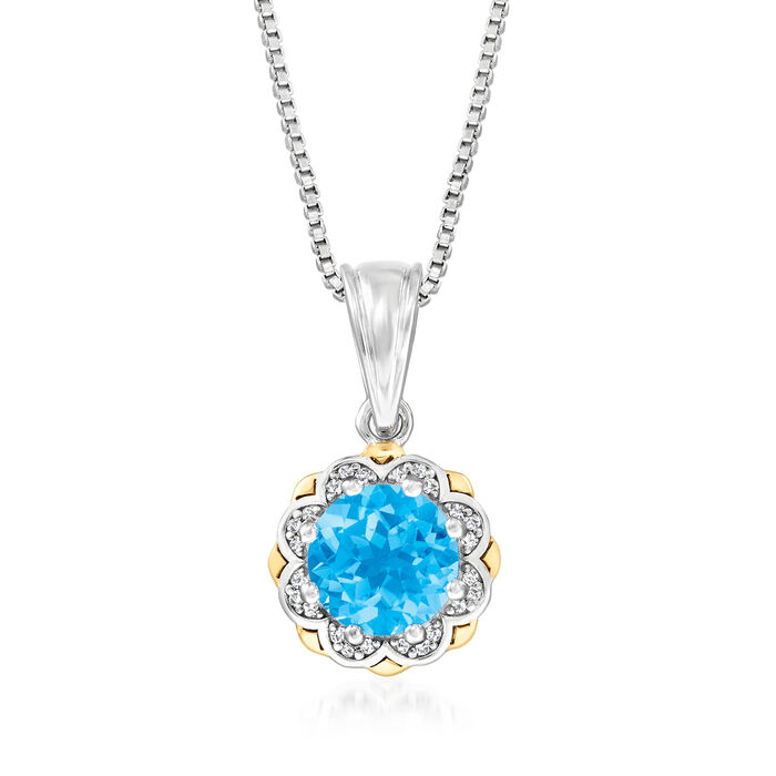 2.10 Carat Swiss Blue Topaz Pendant Necklace with Diamond Accents in Sterling Silver and 14kt Yellow Gold