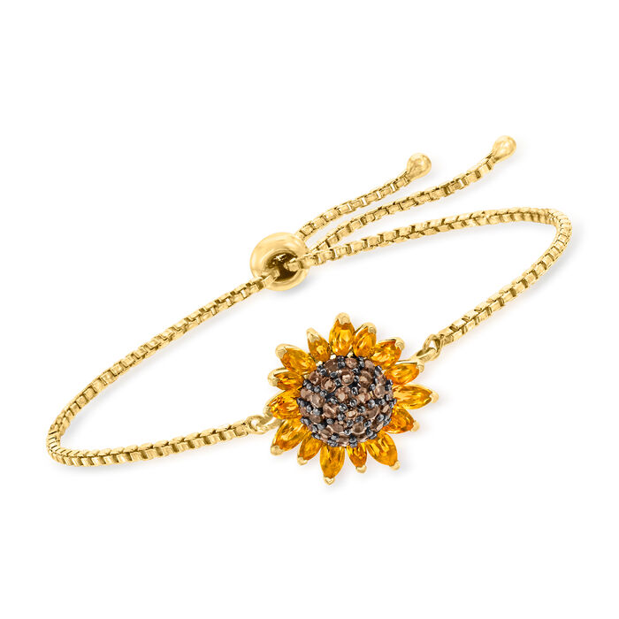 1.90 ct. t.w. Citrine and .90 ct. t.w. Smoky Quartz Sunflower Bolo Bracelet in 18kt Gold Over Sterling