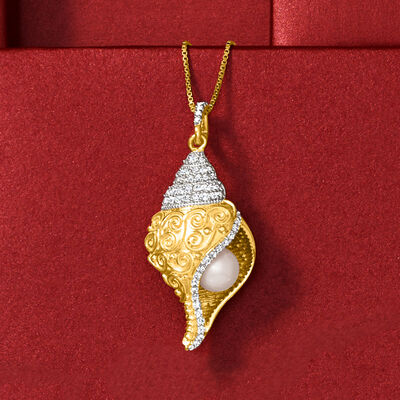 6mm Cultured Pearl and .40 ct. t.w. White Topaz Seashell Pendant Necklace in 18kt Gold Over Sterling