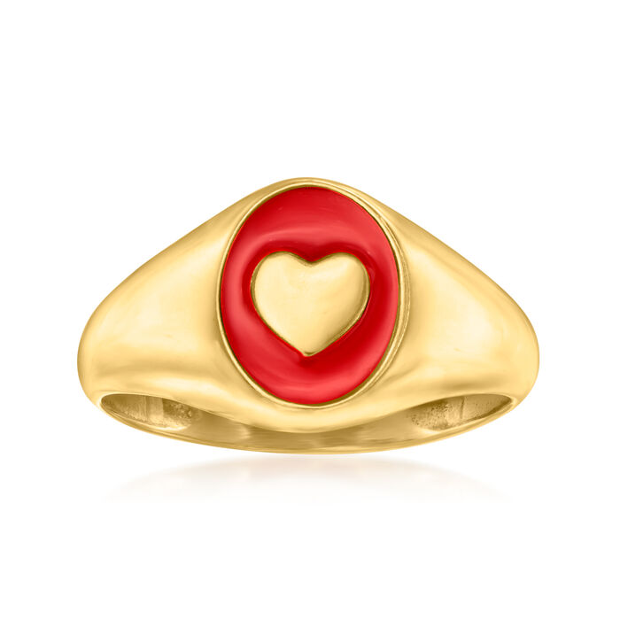 Red Enamel Heart Signet Ring in 18kt Gold Over Sterling