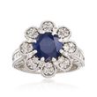 C. 2000 Vintage 2.00 Carat Sapphire and 1.80 ct. t.w. Diamond Floral Ring in 14kt White Gold
