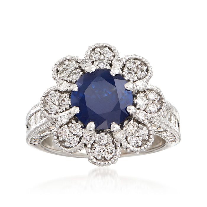 C. 2000 Vintage 2.00 Carat Sapphire and 1.80 ct. t.w. Diamond Floral Ring in 14kt White Gold