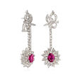 C. 1970 Vintage 3.45 ct. t.w. Ruby and 2.10 ct. t.w. Diamond Drop Earrings in 14kt White Gold 