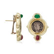 C. 1980 Vintage Sterling Silver Genuine Greek Coin Earrings with 1.10 ct. t.w. Rubies and .70 ct. t.w. Emeralds in 14kt Yellow Gold
