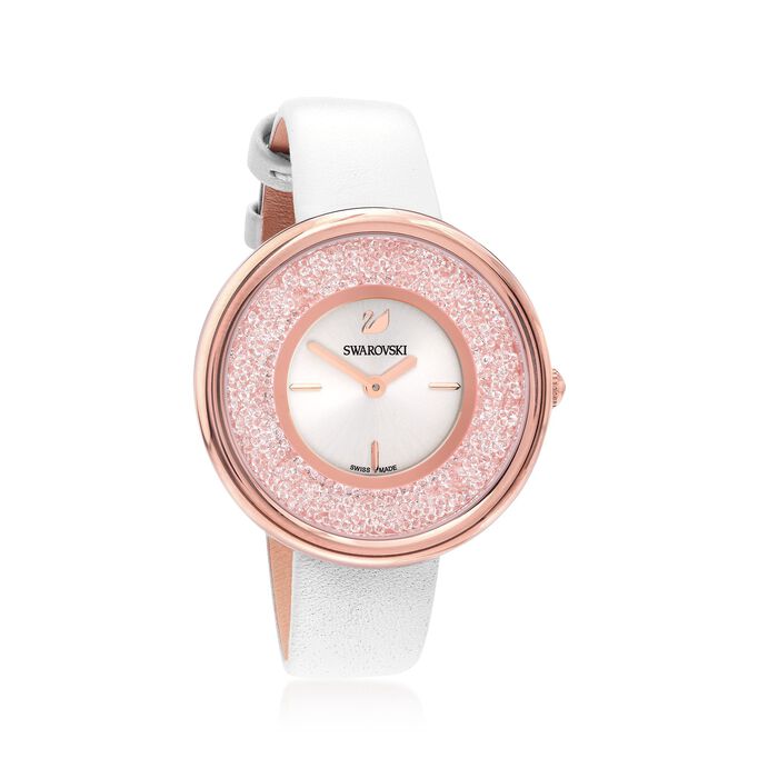 Swarovski Crystal Crystalline Pure Women's Rose Goldtone Stainless Watch with Crystals and White Leather