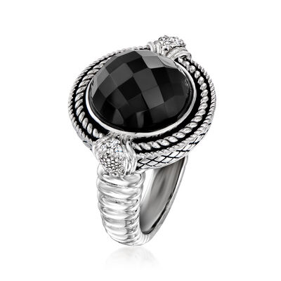 Andrea Candela &quot;Trebol&quot; Onyx Ring with Diamond Accents in Sterling Silver