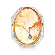 C. 1950 Vintage Orange Shell and .10 Carat Diamond Cameo Pin/Pendant in 14kt White Gold
