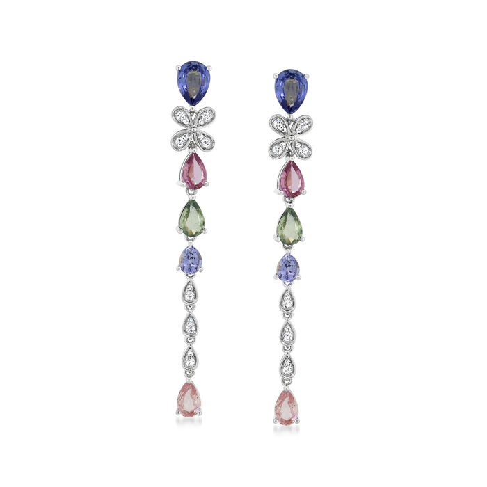 5.00 ct. t.w. Multicolored Sapphire Drop Earrings with .61 ct. t.w. Diamonds in 18kt White Gold