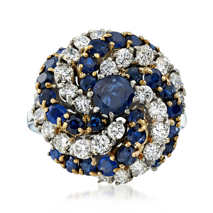 C. 1970 Vintage 3.25 ct. t.w. Sapphire and 1.70 ct. t.w. Diamond Swirl Ring in 14kt Two-Tone Gold