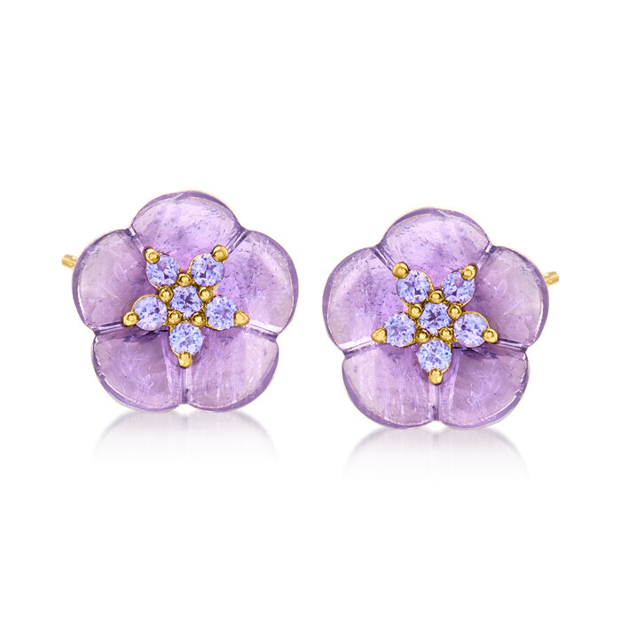 5.50 ct. t.w. Amethyst and .30 ct. t.w. Tanzanite Flower Earrings in 18kt Gold Over Sterling