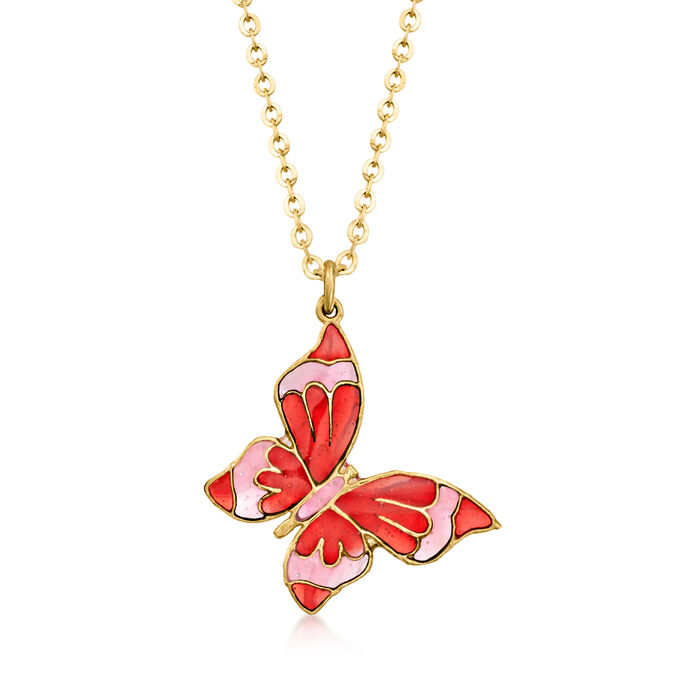 Italian Pink and Red Enamel Butterfly Necklace in 14kt Yellow Gold