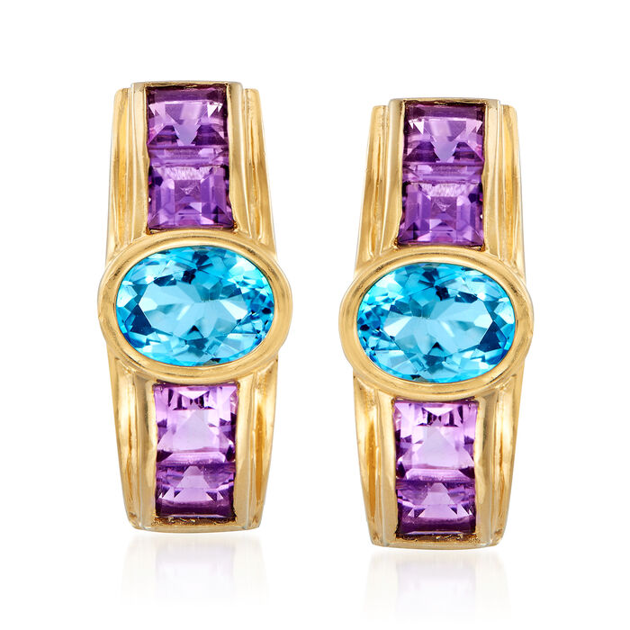 C. 1980 Vintage 2.70 ct. t.w. Swiss Blue Topaz and 2.00 ct. t.w. Amethyst Earrings in 14kt Yellow Gold