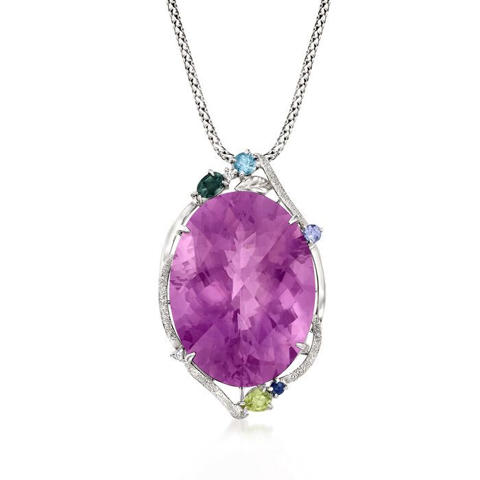 C. 1990 Vintage 33.11 Carat Amethyst and .44 ct. t.w. Multi-Gemstone Pendant Necklace with Diamond Accents in 18kt White Gold