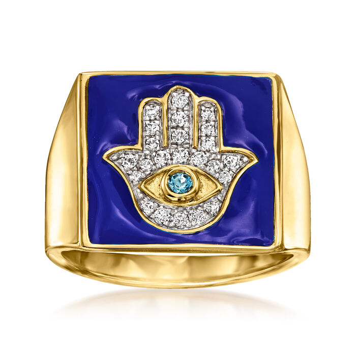 .64 ct. t.w. White and London Blue Topaz Hamsa Ring with Blue Enamel in 18kt Gold Over Sterling