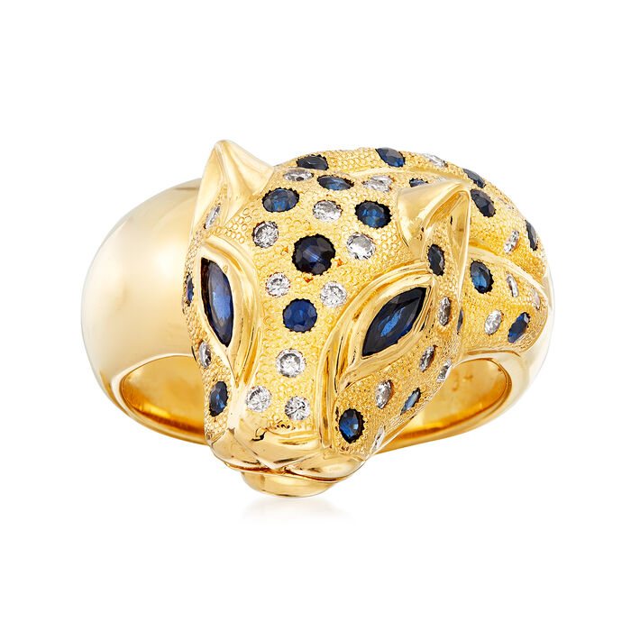 C. 1980 Vintage .90 ct. t.w. Sapphire and .34 ct. t.w. Diamond Panther Ring in 18kt Yellow Gold