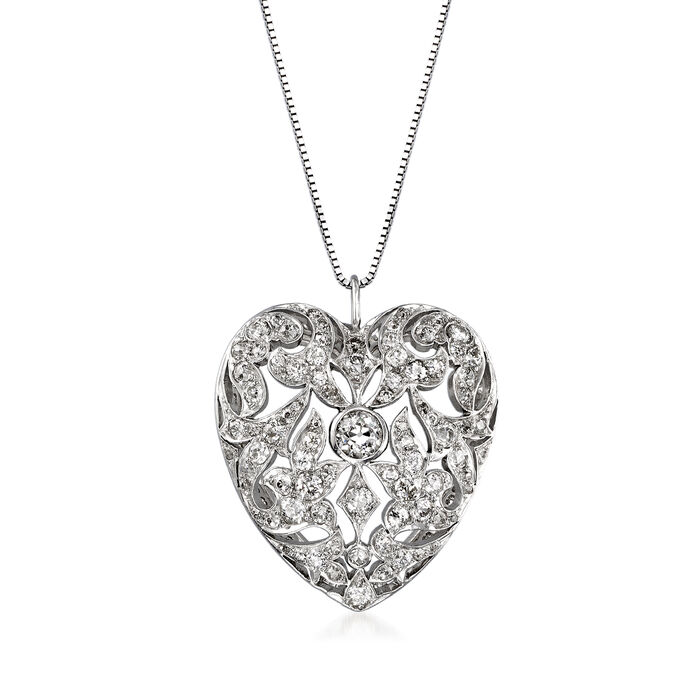 C. 1950 Vintage 2.20 ct. t.w. Diamond Heart Pendant Necklace in 18kt and 14kt White Gold