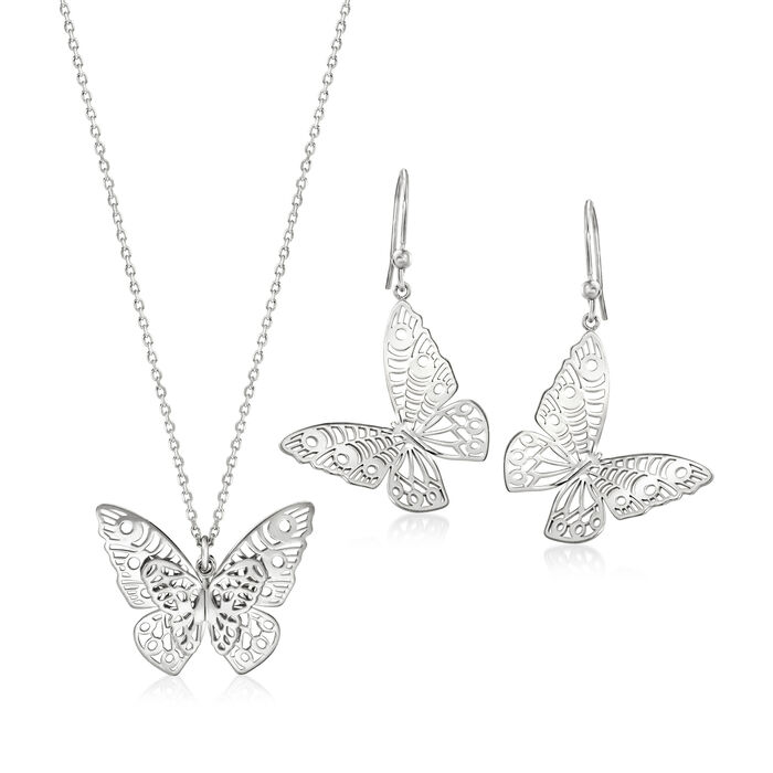 Italian Sterling Silver Jewelry Set: Butterfly Necklace and Earrings