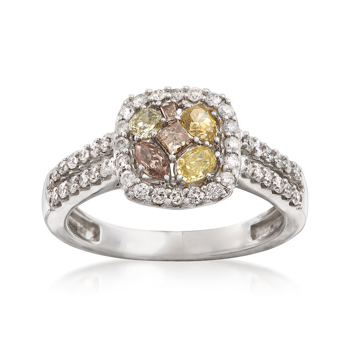 1.00 ct. t.w. Yellow, Cognac, Green and White Diamond Ring in 14kt White Gold