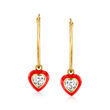 Italian 1.50 ct. t.w. CZ and Red Enamel Heart Hoop Drop Earrings in 18kt Gold Over Sterling