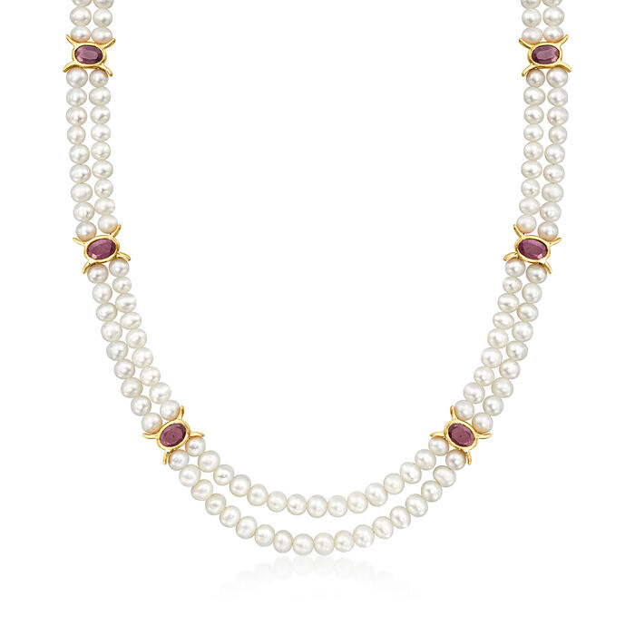 4.5-5.5mm Cultured Pearl and 5.50 ct. t.w. Ruby Station Necklace in 18kt Gold Over Sterling