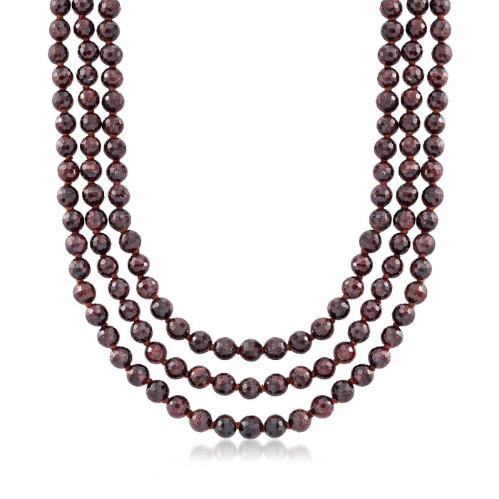 Italian 8mm Three-Strand Garnet Bead Necklace with 18kt Gold Over Sterling
