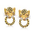C. 1980 Vintage 18kt Yellow Gold and Black Enamel Panther Doorknocker Earrings With Diamonds and Rubies