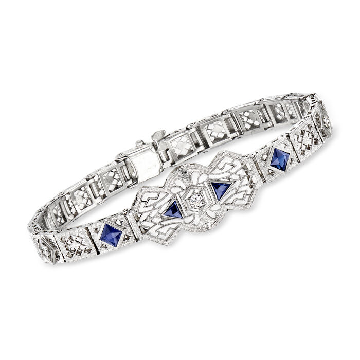 C. 1950 Vintage .80 ct. t.w. Synthetic Sapphire and .20 ct. t.w. Diamond Filigree Bracelet in Platinum and 14kt White Gold