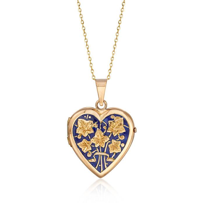 C. 1960 Vintage Blue Enamel Floral Heart Locket Necklace in 18kt Yellow Gold