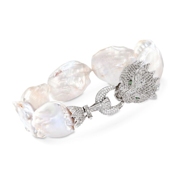 18-23mm Cultured Baroque Pearl and 3.50 ct. t.w. White Topaz Cougar Bracelet in Sterling Silver
