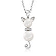 7-9mm Cultured Pearl Cat Pendant Necklace with Diamond Accents in Sterling Silver