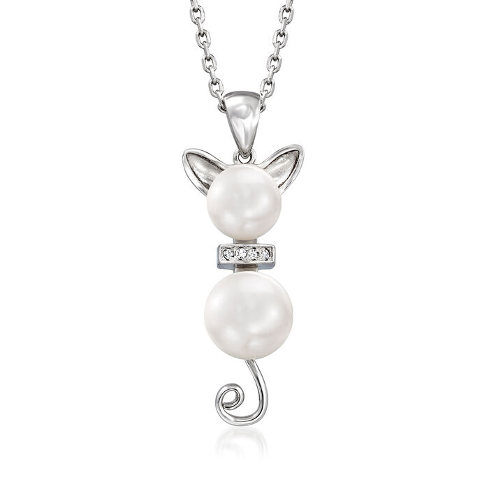 7-9mm Cultured Pearl Cat Pendant Necklace with Diamond Accents in Sterling Silver