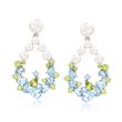 3.5-6.5mm Cultured Pearl and 4.00 ct. t.w. Sky Blue Topaz Earrings with Peridot in Sterling Silver